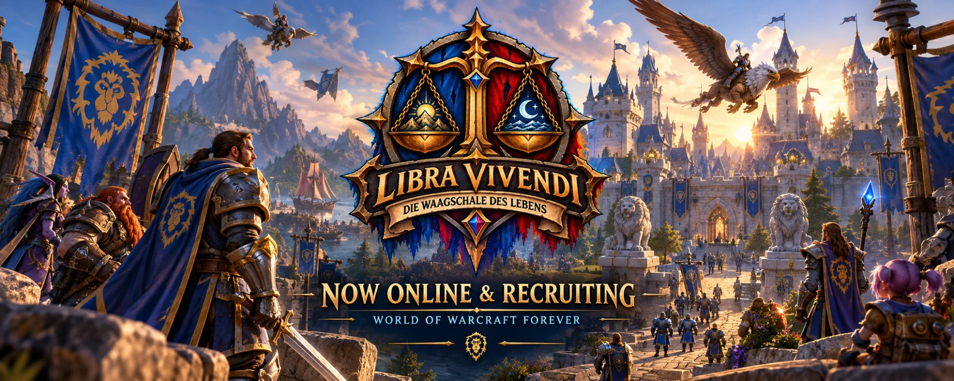 Libra Vivendi Logo, im Hintergrund die Stadt Stormwind und Helden der Allianz.